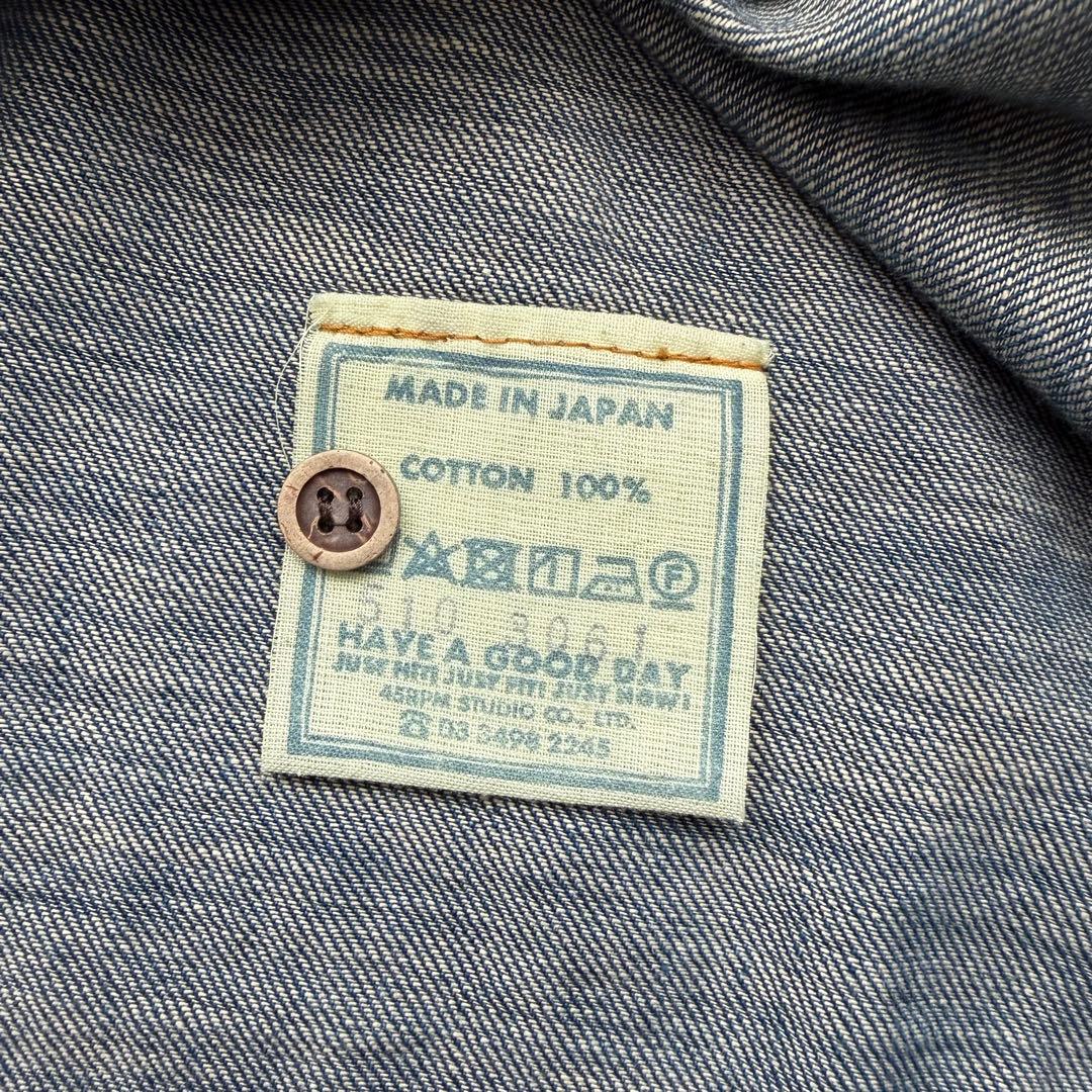 45R デニム インディゴ シャツ カットワークレース スタンドネック フリル襟