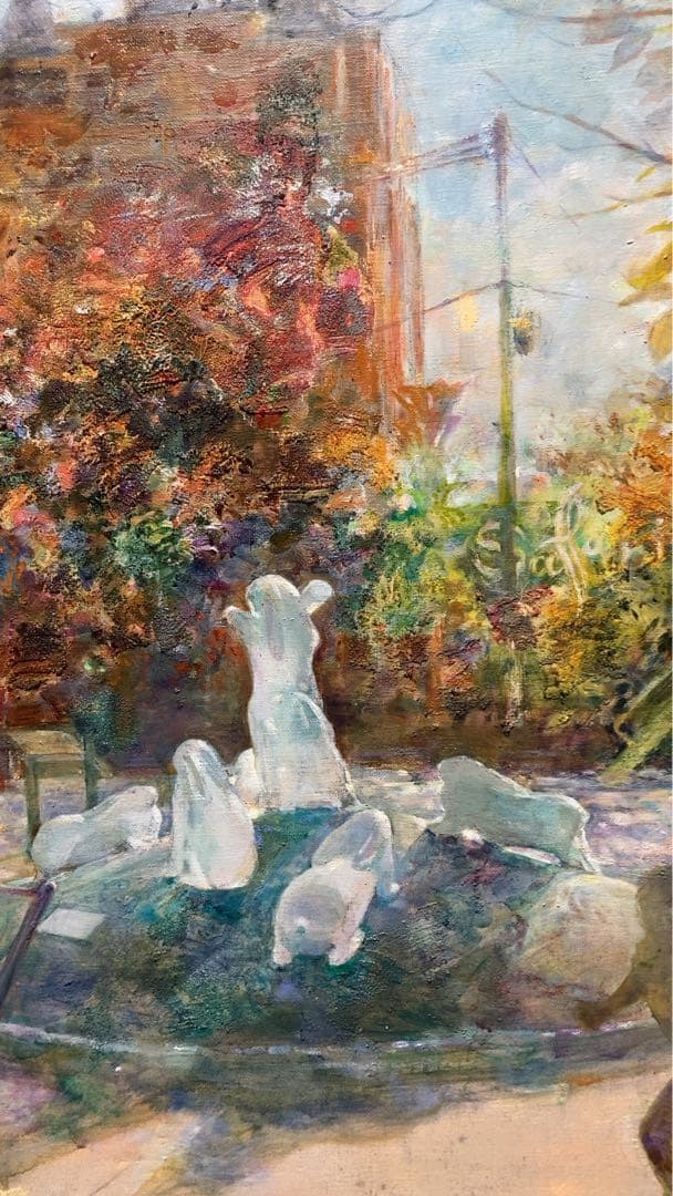 油絵　F30号　絵画　印象画　肉筆　油画　木漏れ日　広場　こどもたち　キャンバス