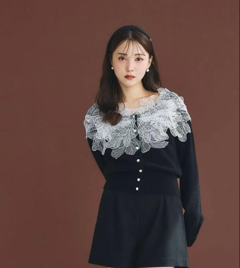 poláura polaura ポローラ レースフリルカーディガン black