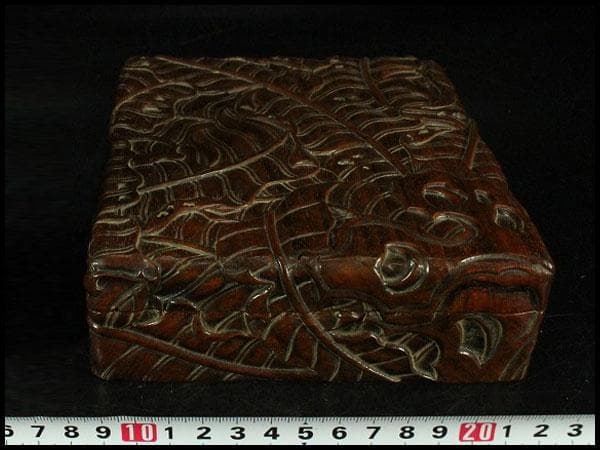 唐木 刻芭蕉 四方箱 旧家蔵出(K-A746)