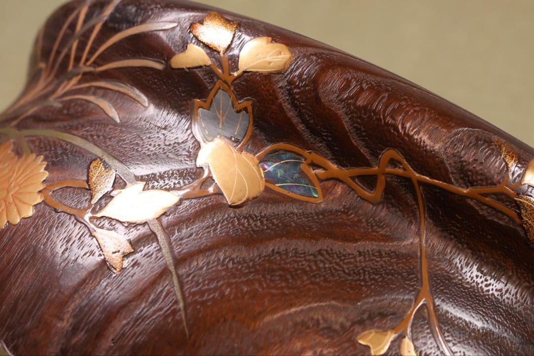 小菊蒔絵 桐火鉢 一対 幅29cm 草花 蝶 螺鈿 金蒔絵 古民具【MB104】