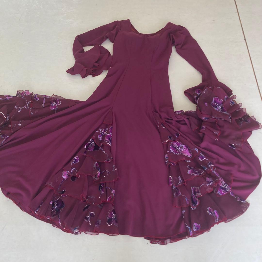 良品 フラメンコ衣装 ワンピース パープル オーダー ハンドメイド オーガンジー