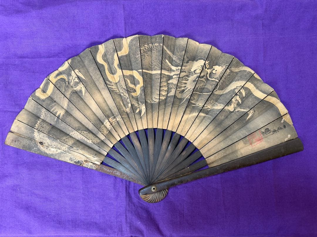 希少品　日本画　浮世絵師　歌川國歳肉筆　龍図鉄扇　軍扇（手慣らし鎧兜日本刀装具侍