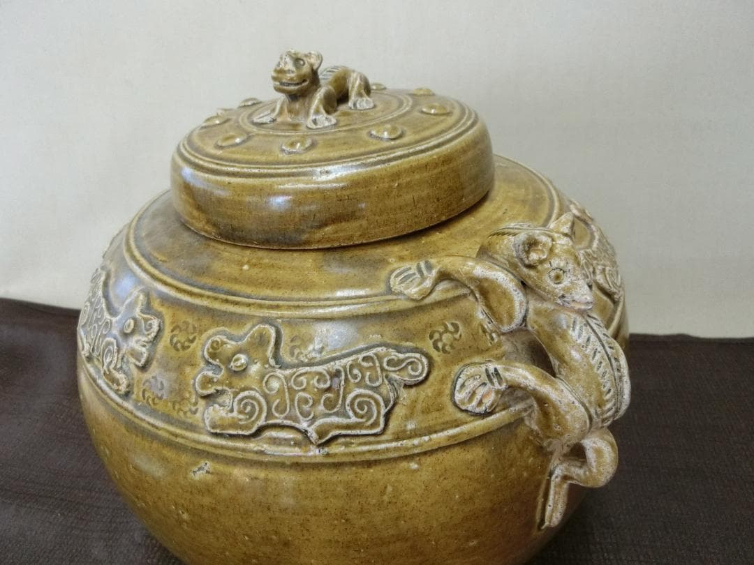 処分価11（水）22時まで【緑釉壷　蓋付　双耳壷　獣高盛文様　中国・FK】古董