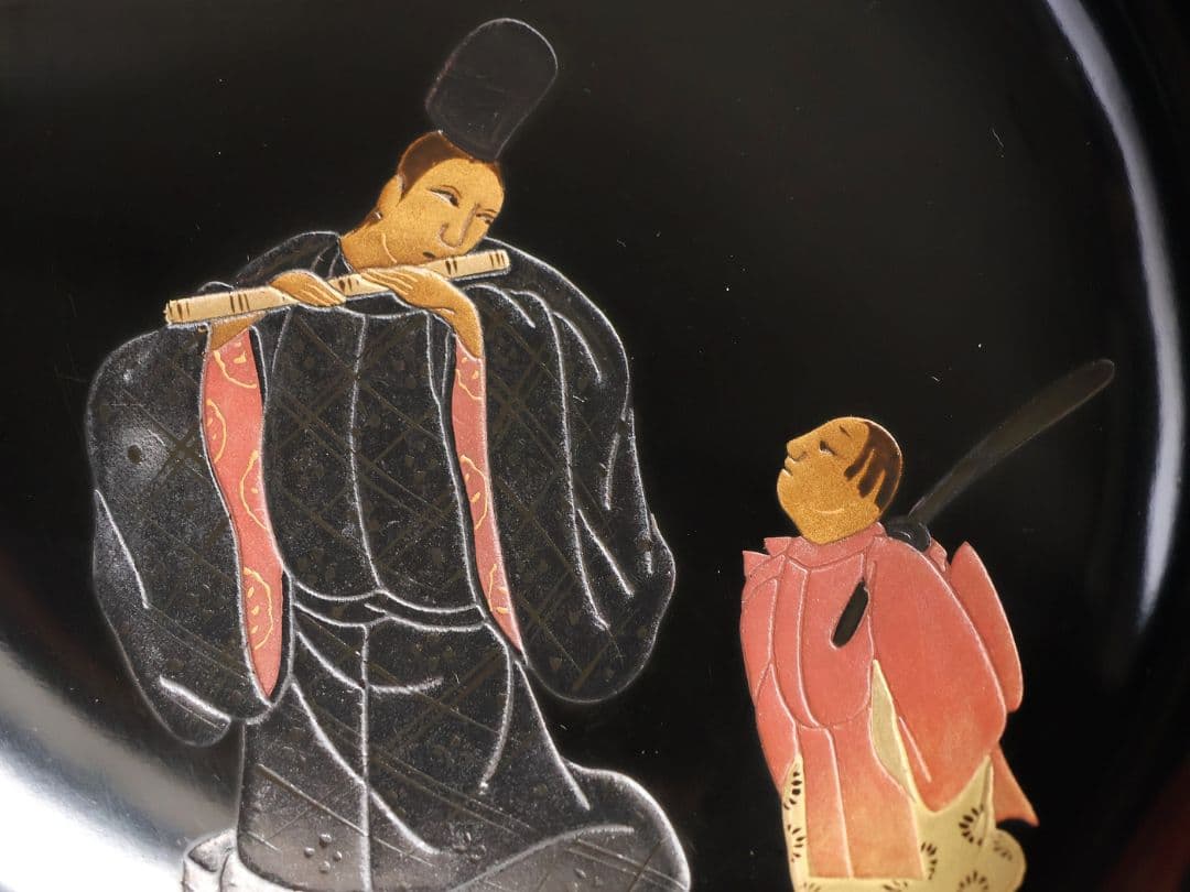 【MB196】輪島塗 天然木漆塗 黒塗椀 三客 蒔絵 大和絵 源氏絵 人物 昭和