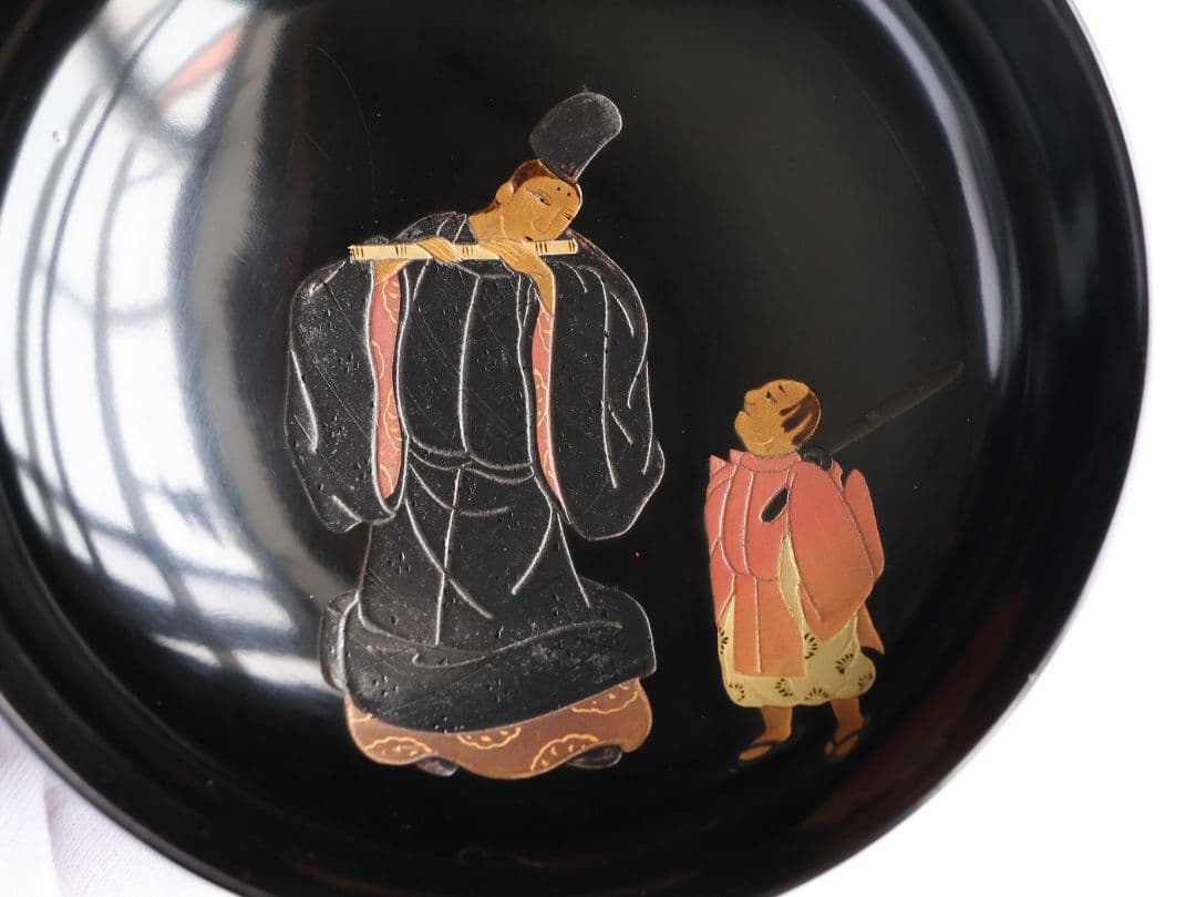 【MB196】輪島塗 天然木漆塗 黒塗椀 三客 蒔絵 大和絵 源氏絵 人物 昭和