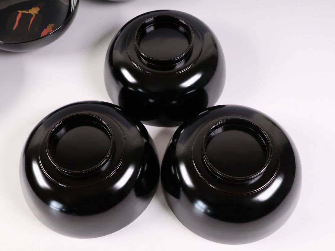 【MB196】輪島塗 天然木漆塗 黒塗椀 三客 蒔絵 大和絵 源氏絵 人物 昭和