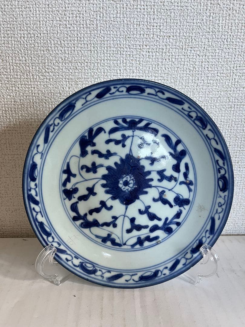 中国美術清時代 　萬寿紋染付 青花 花唐草文皿 2枚