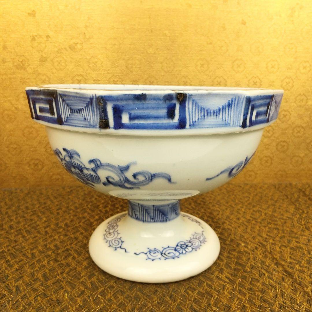 【お値下げしました！】古伊万里　染付　線描　青海波　花蝶文　八角盃洗