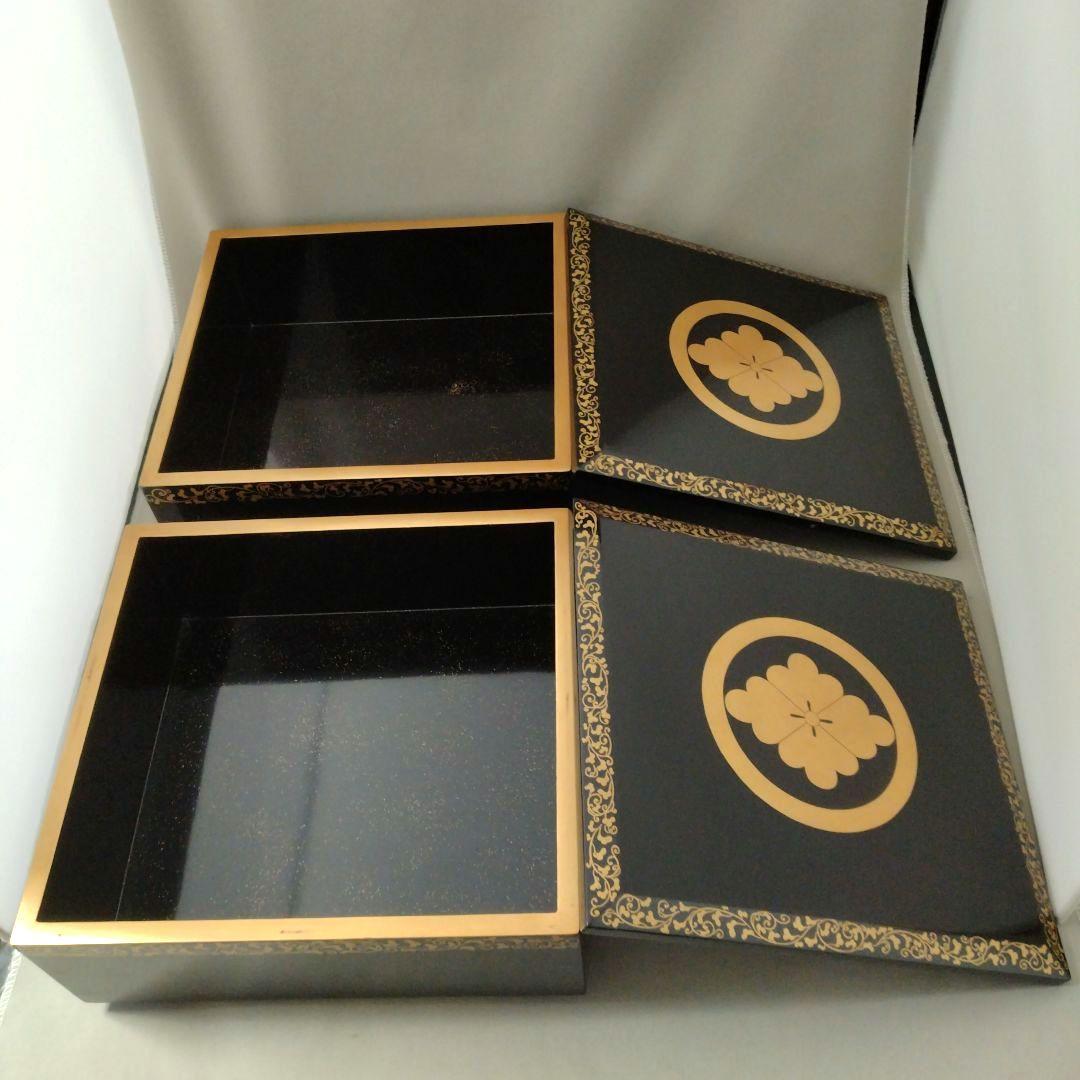 難あり　時代物　輪島塗　金蒔絵　重箱　二段重　家紋入　台付　木箱付