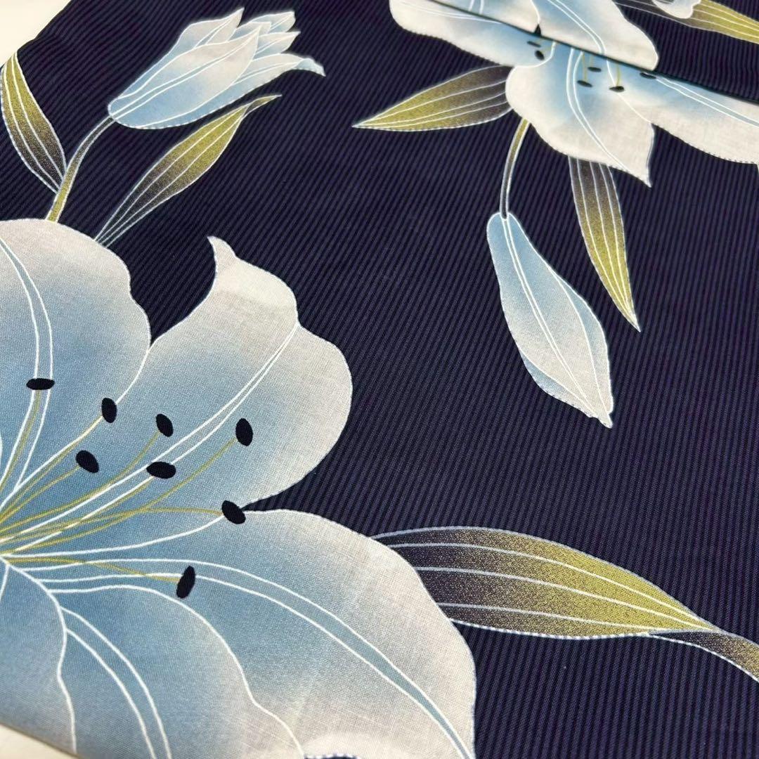 浴衣　大きめサイズ　浴衣 3L 百合　濃紺　帯　2点　新品　未使用　0709④