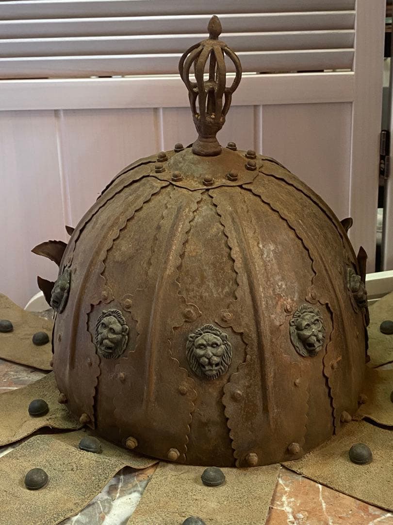 超希少♦️中国武具♦️中国歴史 アンティーク兜♦️獅子形金具♦️鳳羽兜♦️青色装飾♦️送料込