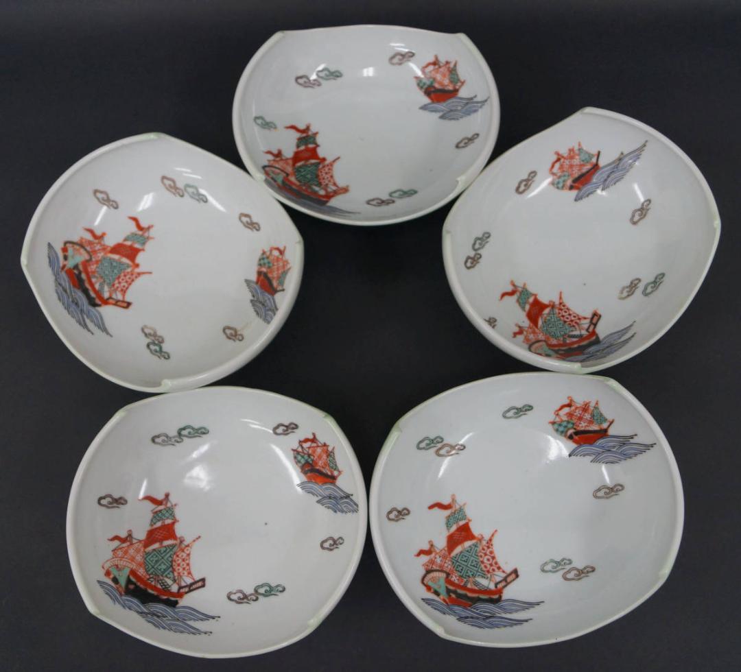 伊万里 赤色絵『オランダ文』台付皿 向付 五客セット