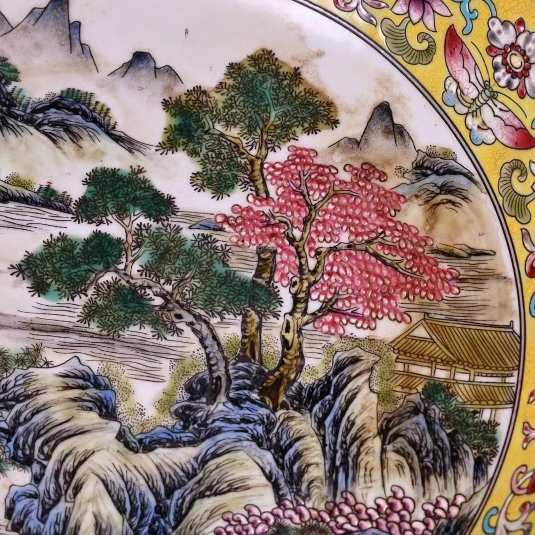 中国古美術・珍蔵粉彩・陶磁器の中皿・風景絵・置物・純手描き・刺繍の箱付・茶道具