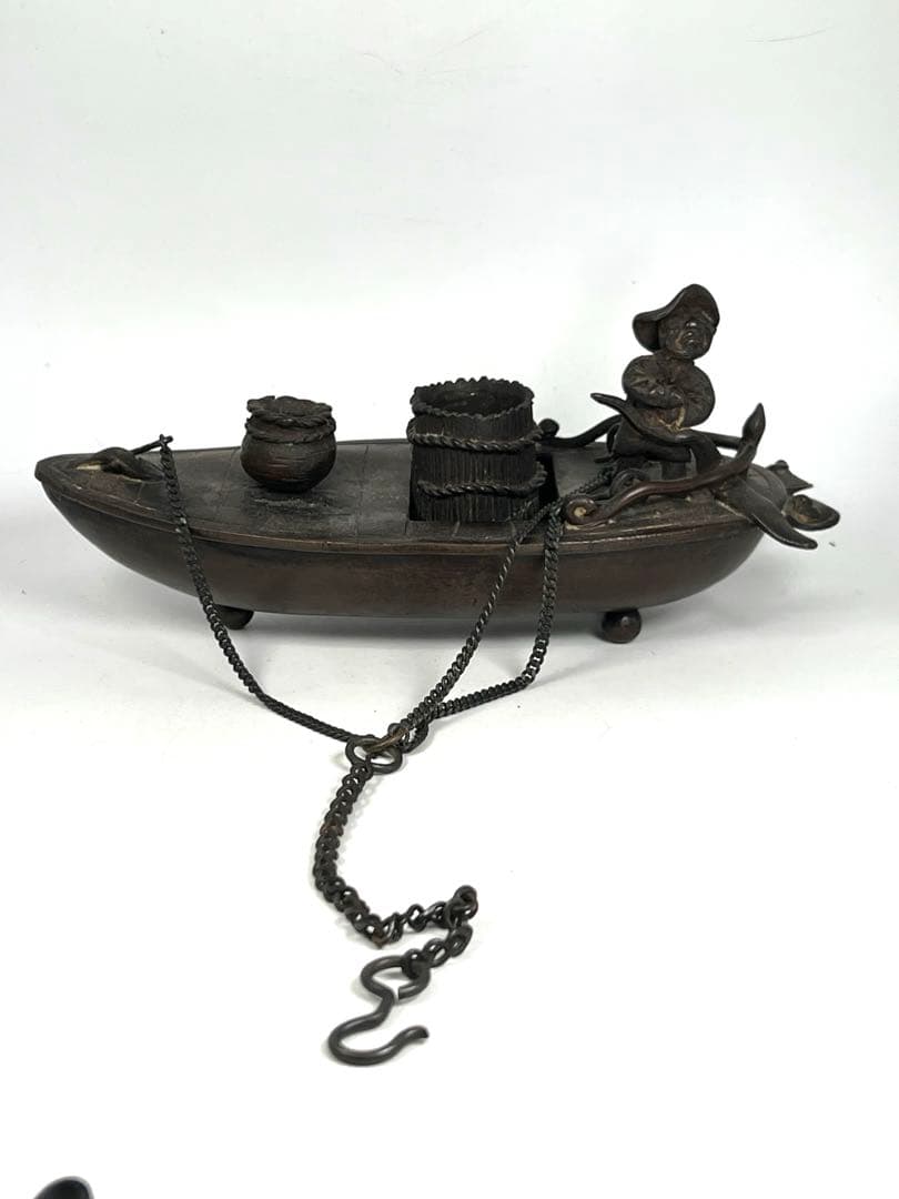 極上 古銅製舟形吊香炉　重さ:975g