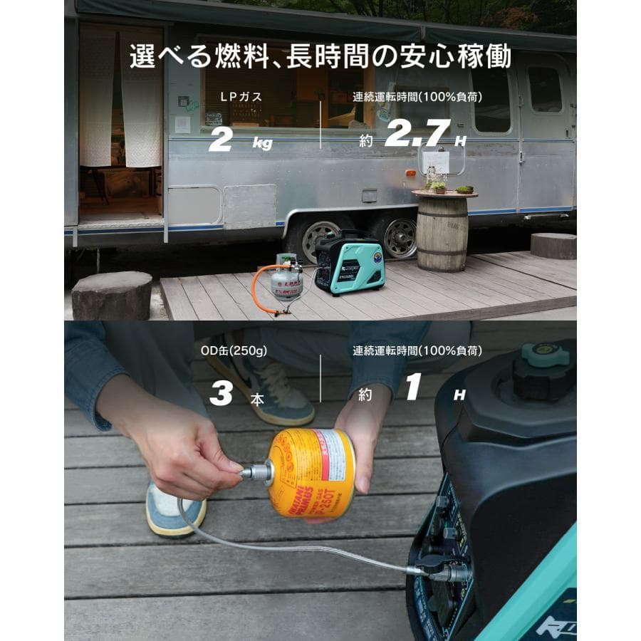 ガス・ガソリン両用発電機★インバーター発電機静音式 カセットボンベ発電機