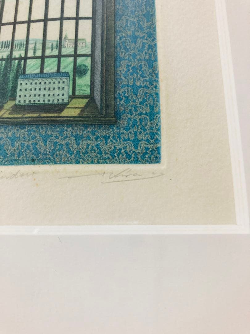 レトロリトグラフ？版画？ 『window』 版画+手彩色?　 直筆サイン　45部