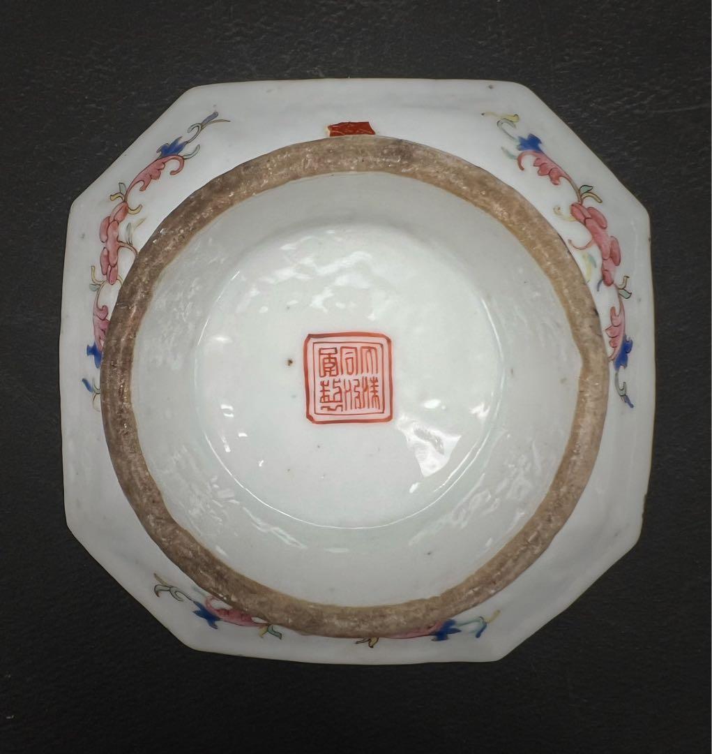 中国美術 古玩 清代 同治 六角粉彩皮球花紋樣 高足盤