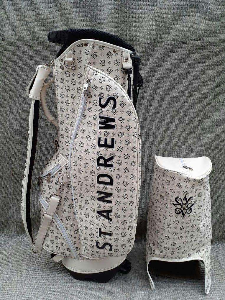 St. ANDREWS ロゴ デザイン スタンド式 キャディバッグ 白 黒