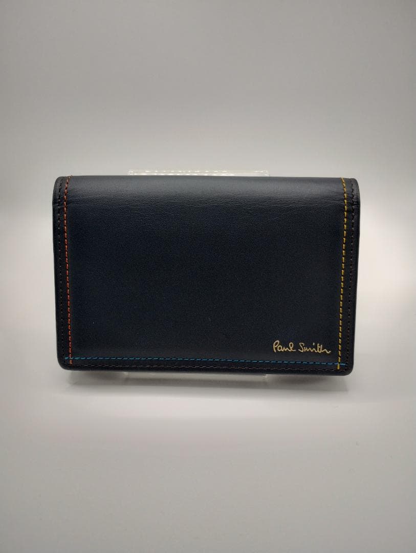 【新品・未使用】 ポールスミス 名刺入れ ネイビー レザー ステッチ箱付き