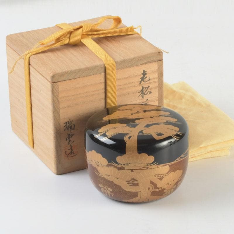 茶道具　漆塗　瑞雲造　老松蒔絵　平棗　共布共箱　V　9495
