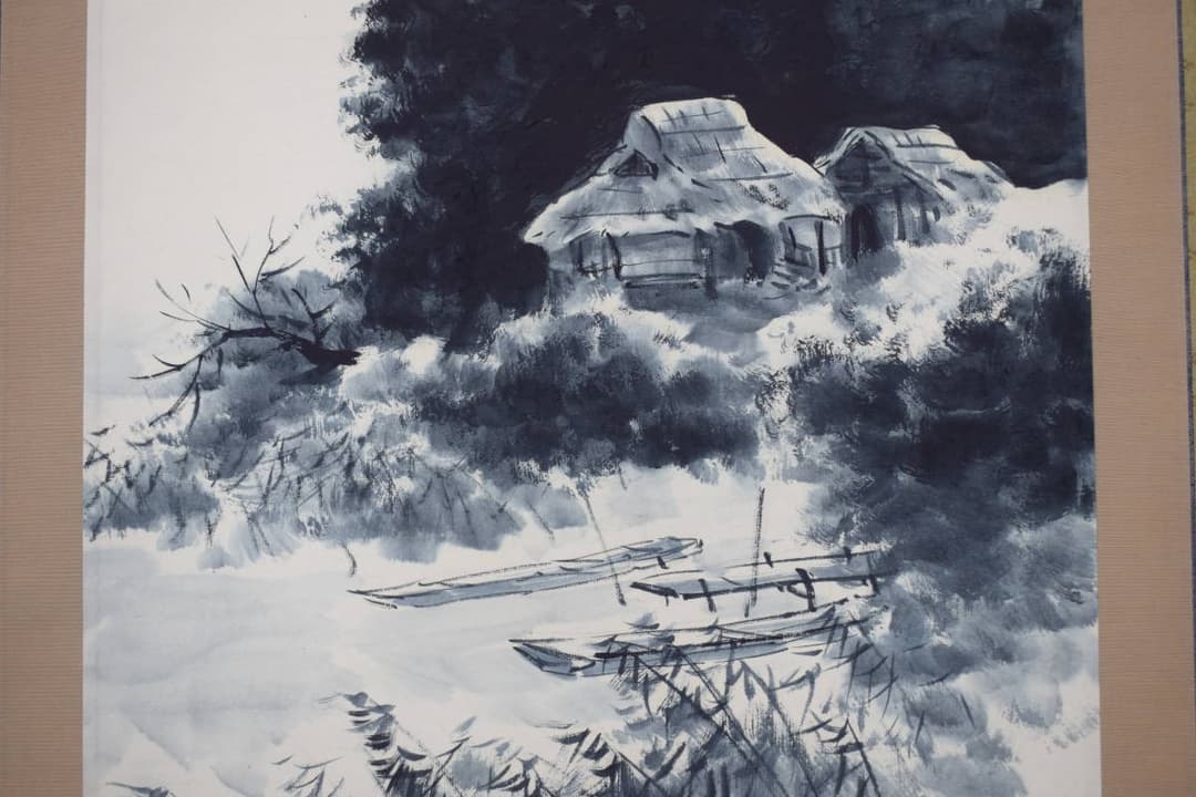 【真作】杉原元人/水墨山水図/漁舟晴天/掛軸☆宝船☆Y-418　JM