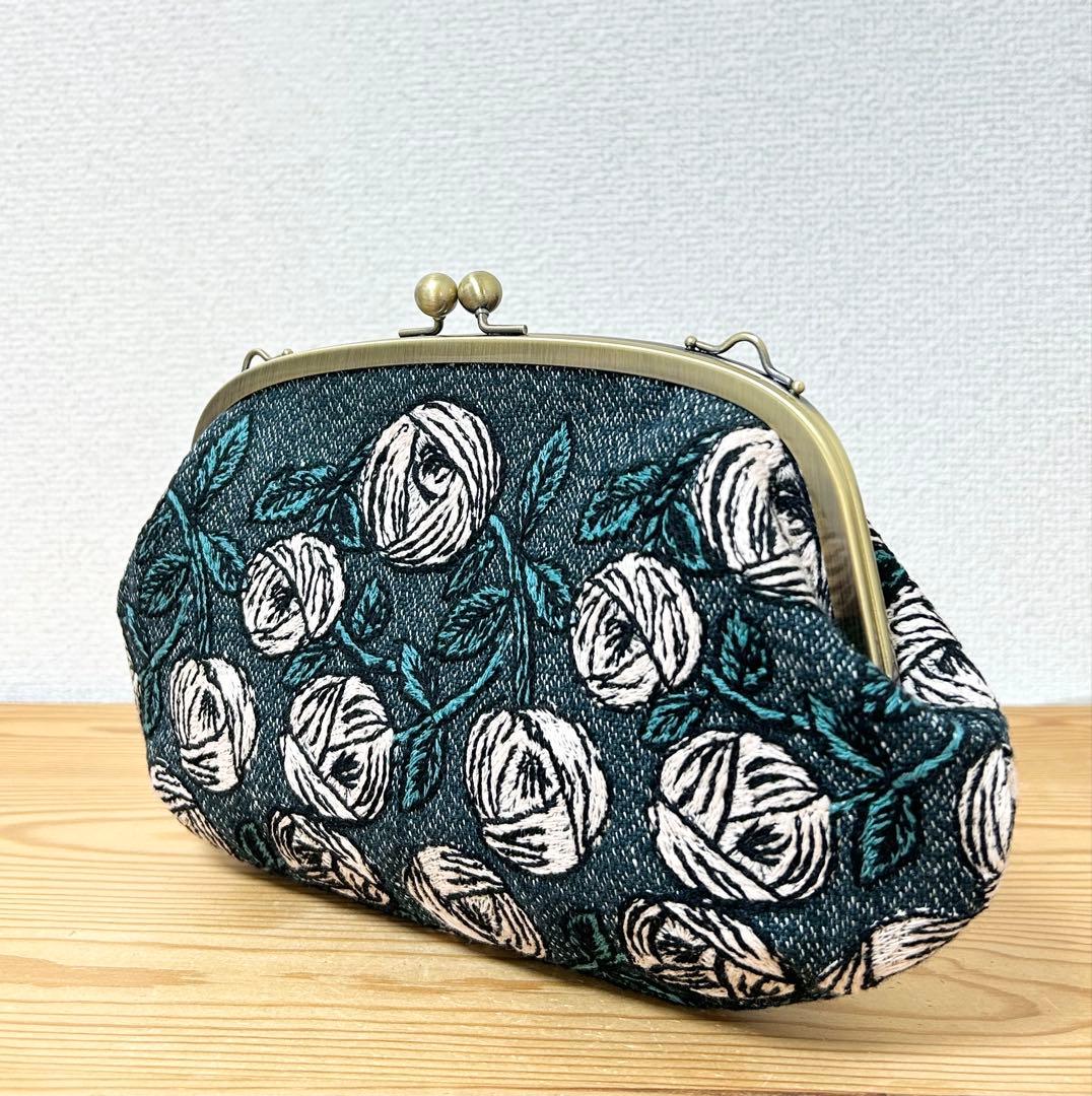 ハンドメイド がま口バッグ ポーチ rosy ブルーグリーン ミナペルホネン