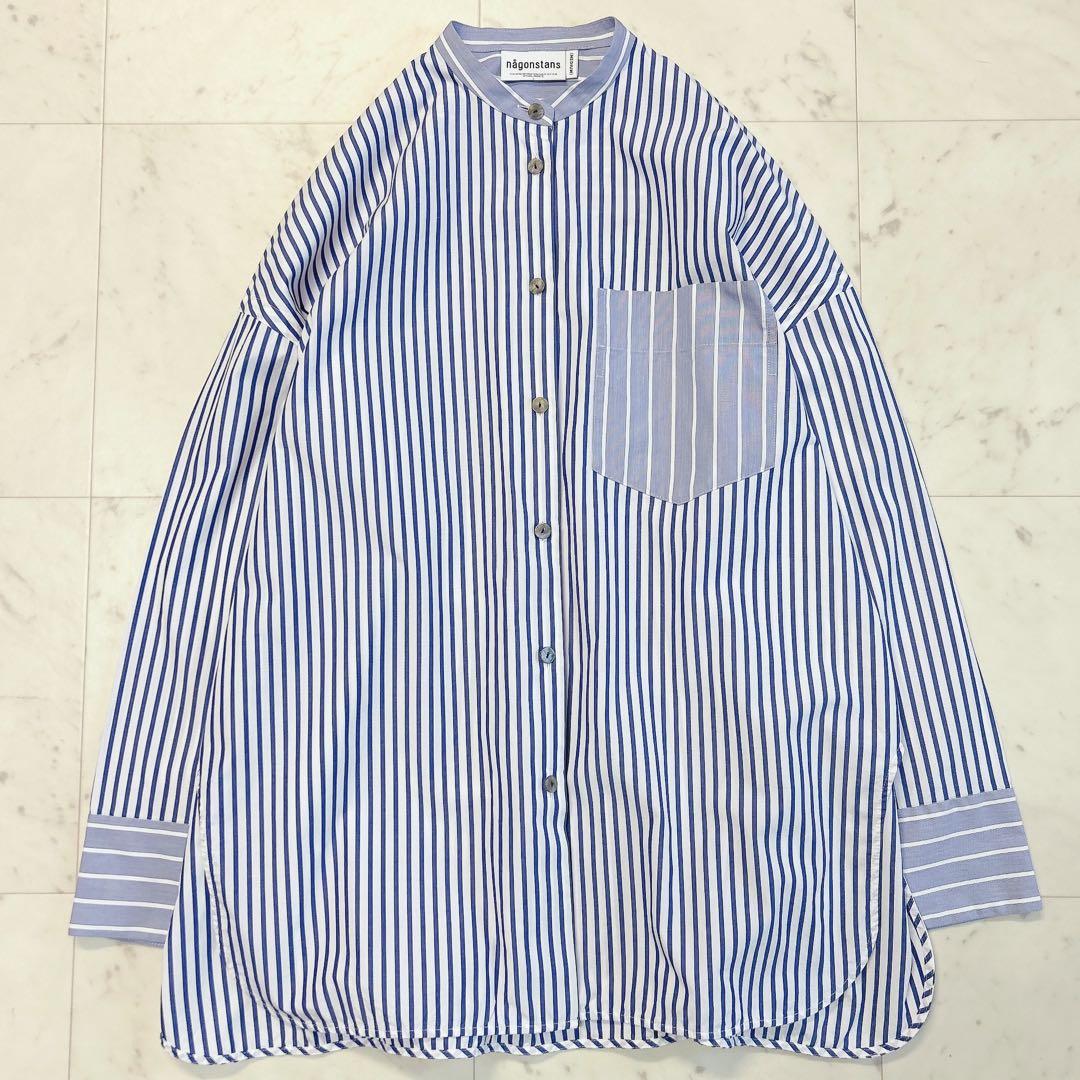 nagonstans ブルーストライプ シャツ バンドカラー M 23ss