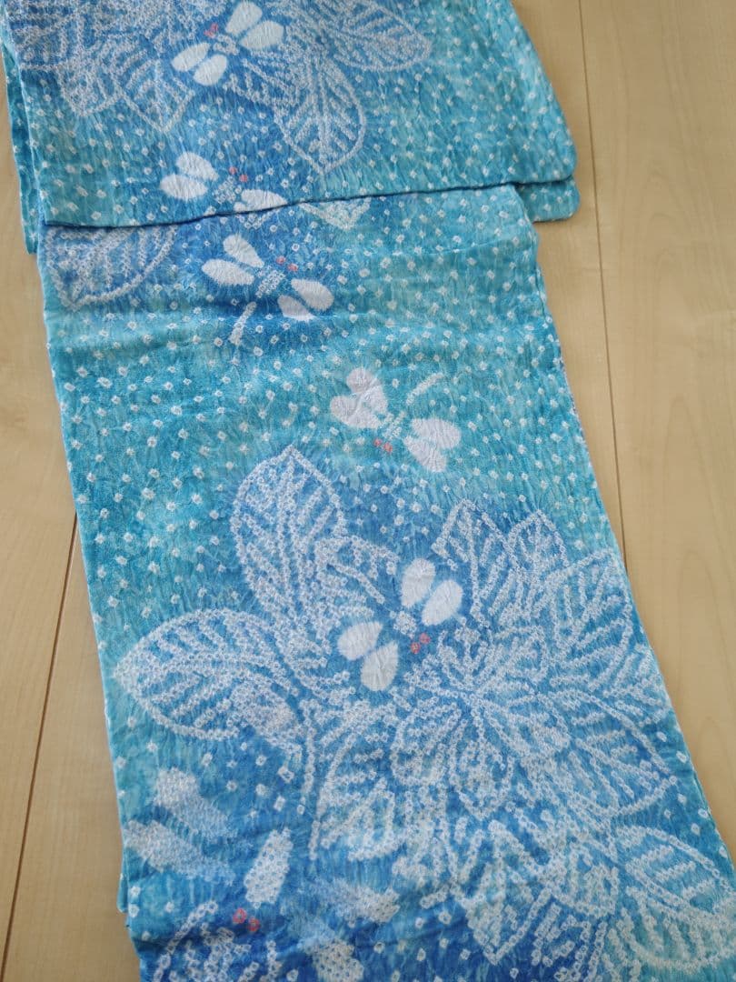 有松鳴海絞り　綺麗な水色に珍しいトンボ柄　爽やかなお品