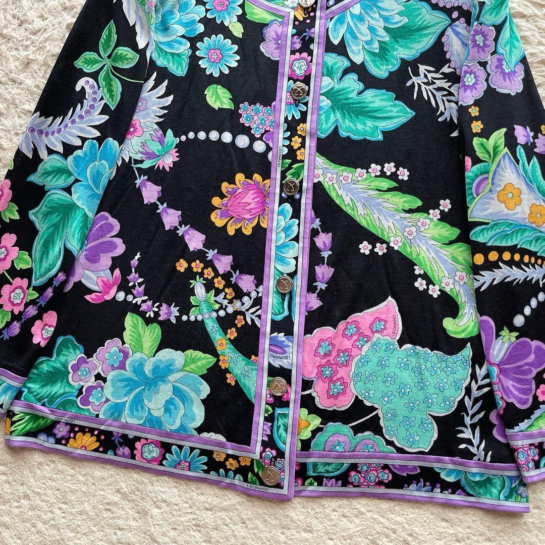 【美品】レオナール カーディガン 花柄 トリム ロゴボタン ウール シルク M