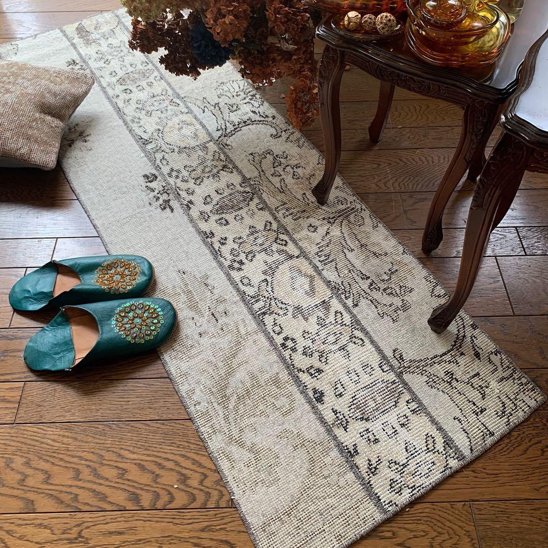 トルコヴィンテージラグ　ランナー　147×51アイボリー　グレージュ　トルコラグ