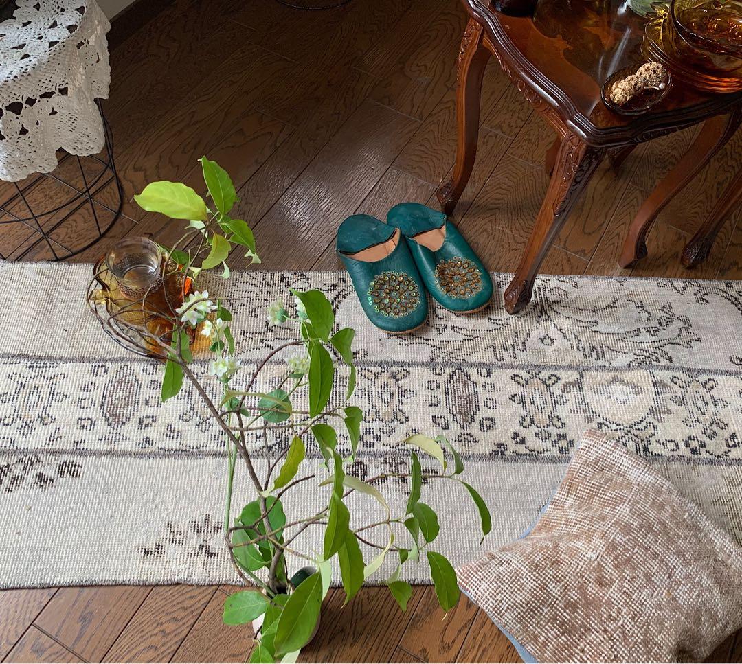 トルコヴィンテージラグ　ランナー　147×51アイボリー　グレージュ　トルコラグ