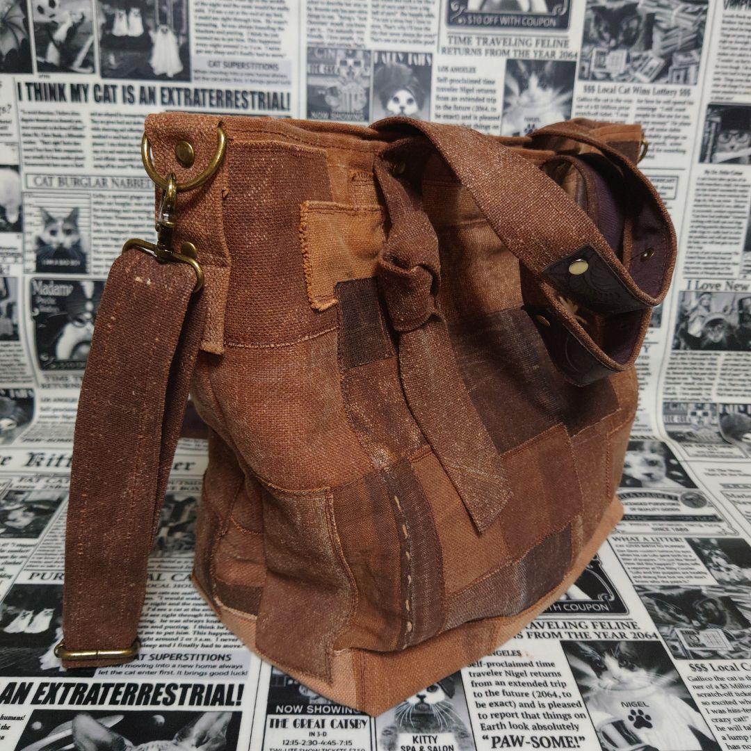 ☬酒袋リメイク☬BIGトートバッグ/カットオフパッチワーク/柿渋染め/古布/襤褸