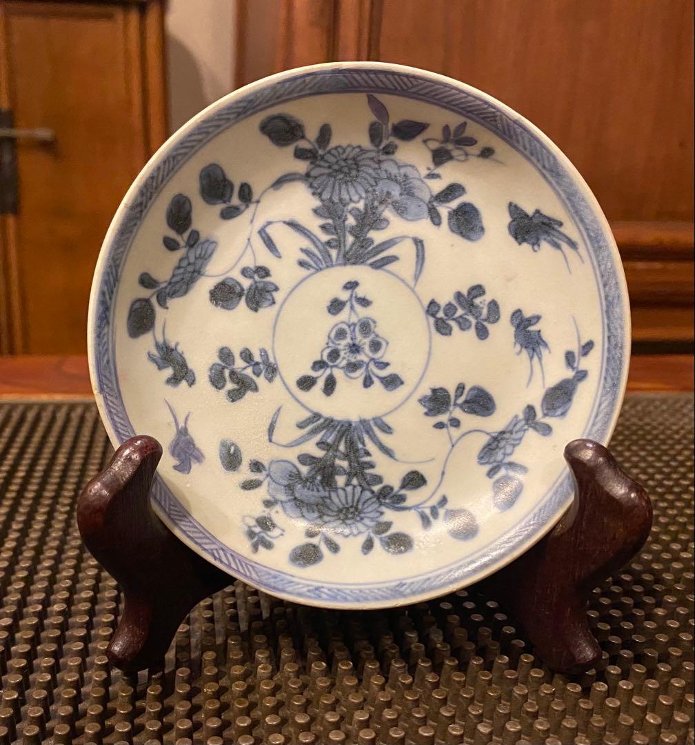 景徳鎮窯　染付絵皿　鑑賞台付 ・沈船品　ヴィンテージ　レア ・台湾茶器