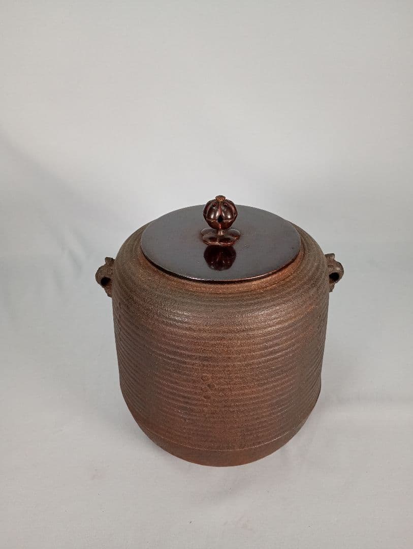 【茶道具】亀甲耳千筋筒釜　金森紹栄造　茶釜　釜370