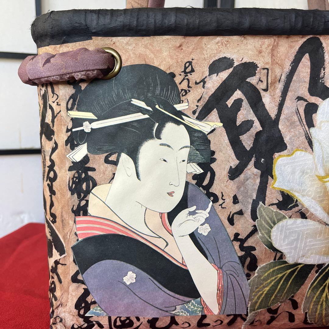 歌麿 浮世絵 美人 一閑張り バッグ かごバッグ ハンドバッグ 正絹 花 特大