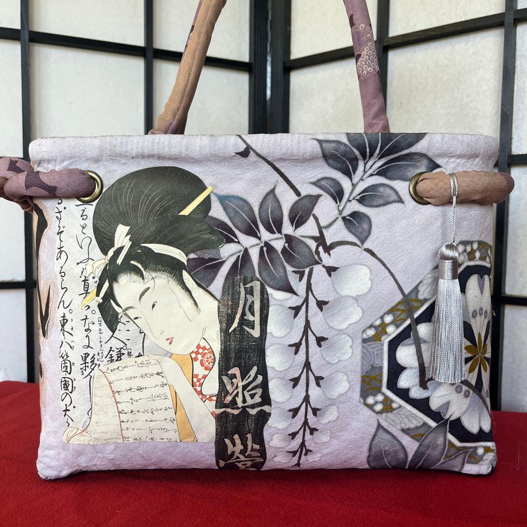 歌麿 浮世絵 美人 一閑張り バッグ かごバッグ ハンドバッグ 正絹 花 特大