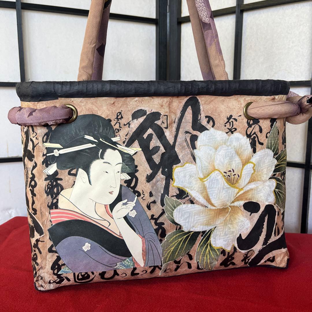 歌麿 浮世絵 美人 一閑張り バッグ かごバッグ ハンドバッグ 正絹 花 特大