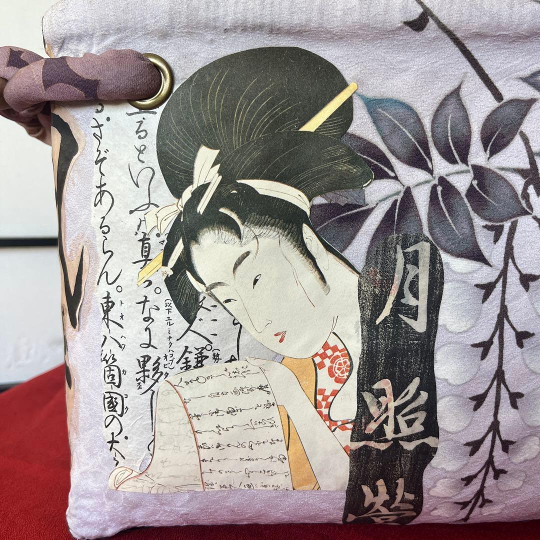 歌麿 浮世絵 美人 一閑張り バッグ かごバッグ ハンドバッグ 正絹 花 特大