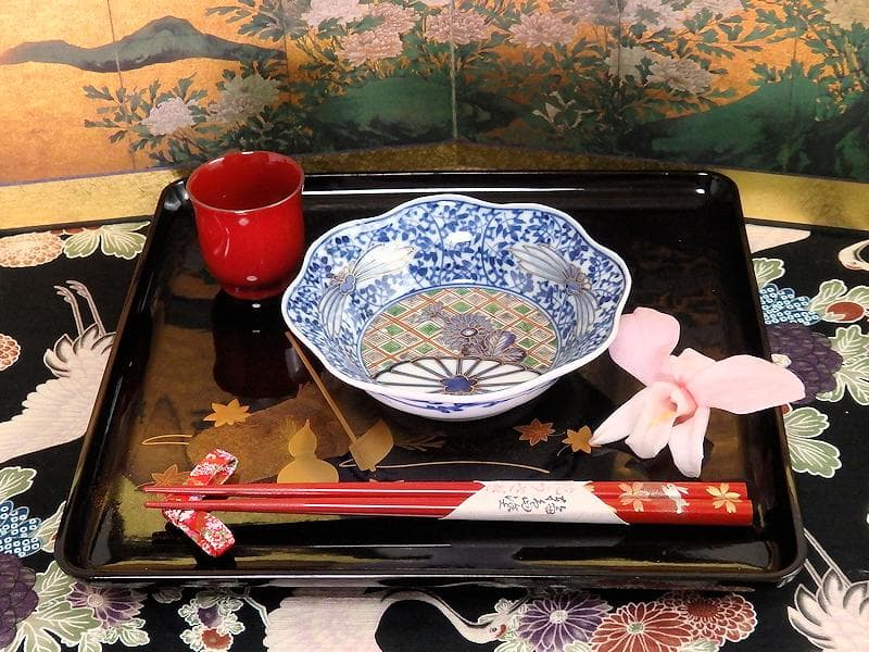 大聖寺伊万里　　微塵唐草に菊の図　小振輪花膾皿　４客　F498AS-fbvi