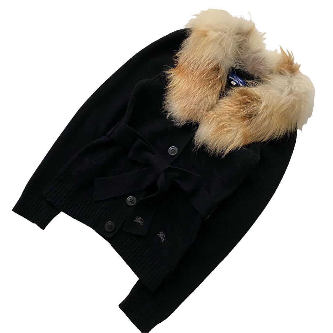 美品 バーバリーブルーレーベル フォックスファー ニット カーディガン 38 黒