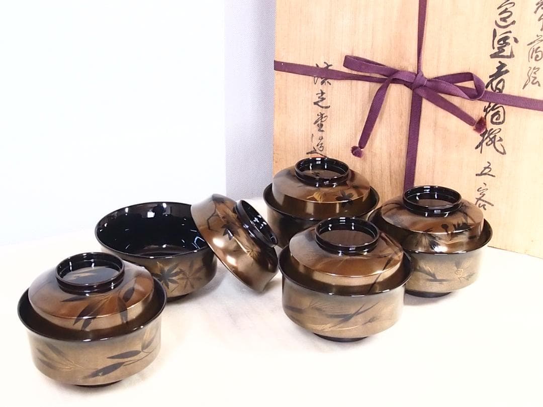 【高級・極美品】輪島塗 漆光堂 金地 絵変わり蒔絵 煮物椀 5客 雑煮椀 漆器