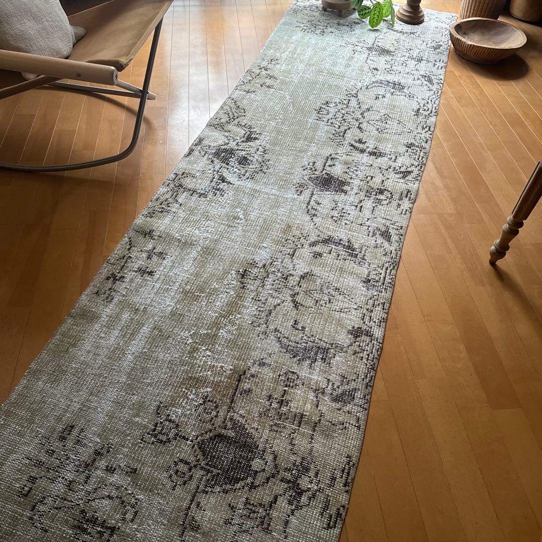超ロング76.5×310 カーキベージュ　ランナーラグ　トルコヴィンテージラグ