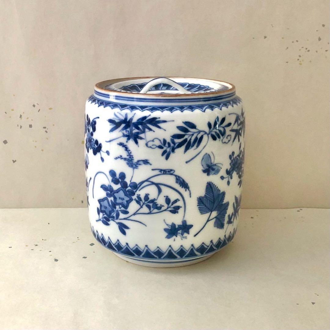 高野昭阿弥造/青華祥端写水指 染付 草花 梅 蝶々 京焼 茶道具 水差