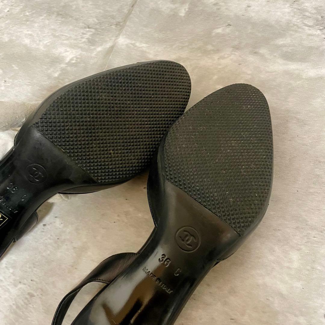 箱あり CHANEL シャネル バックスリング リボン ブラック ヒール