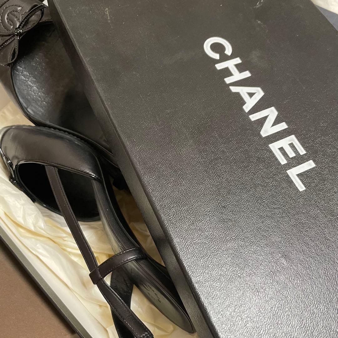 箱あり CHANEL シャネル バックスリング リボン ブラック ヒール