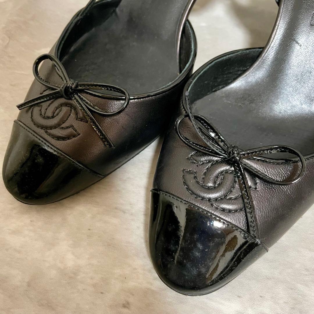 箱あり CHANEL シャネル バックスリング リボン ブラック ヒール