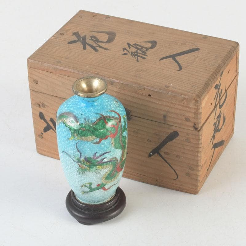 中国　古七宝琺瑯彩　龍文瓶　唐木台　時代箱付　V　9724