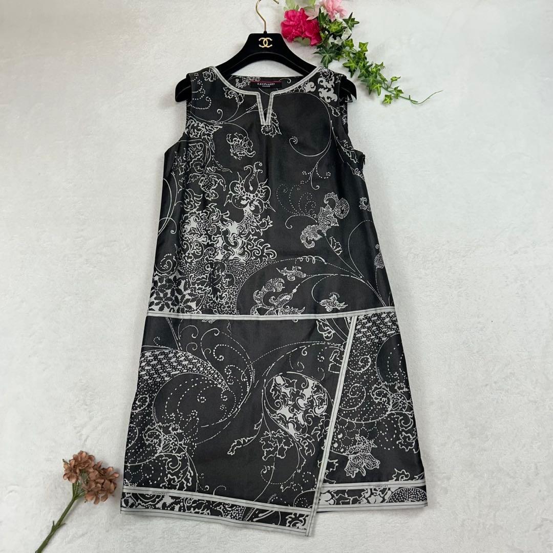 K667 美品 M レオナール シルク混 ひざ丈ワンピース ブラック レディース