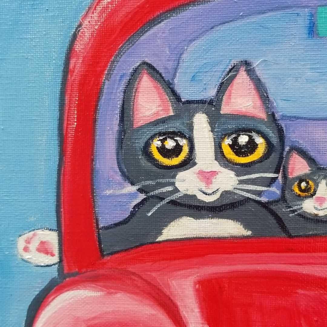 油絵　専用　ドライブに出発する猫の家族